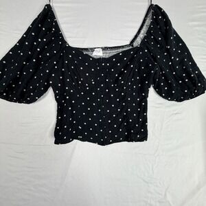Sienna Sky Black Polka Dot Puff Sleeve Smocked Crop Top Sweetheart Neck Large